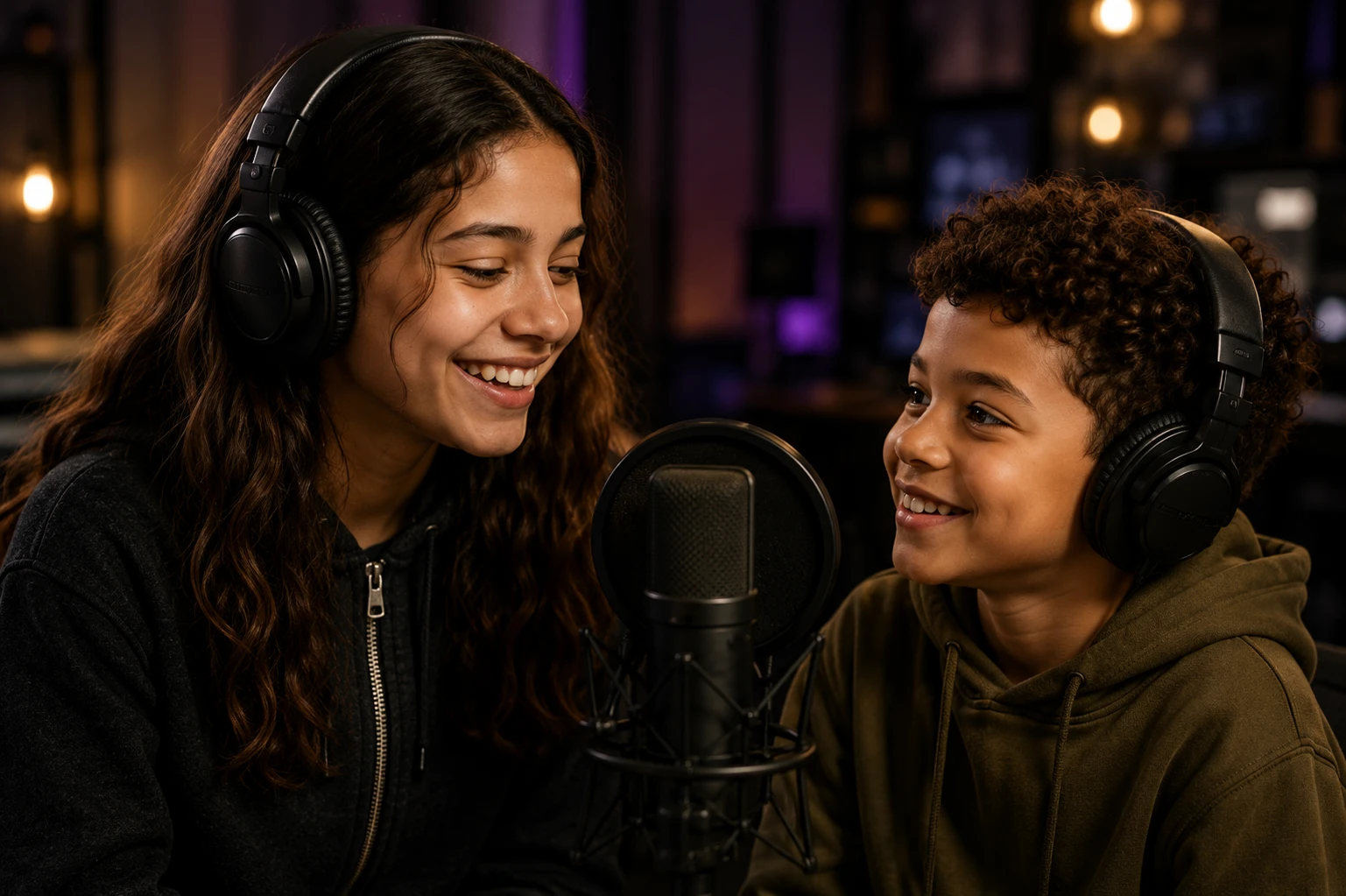 A sister and brother in headphones, singing together at a studio microphone